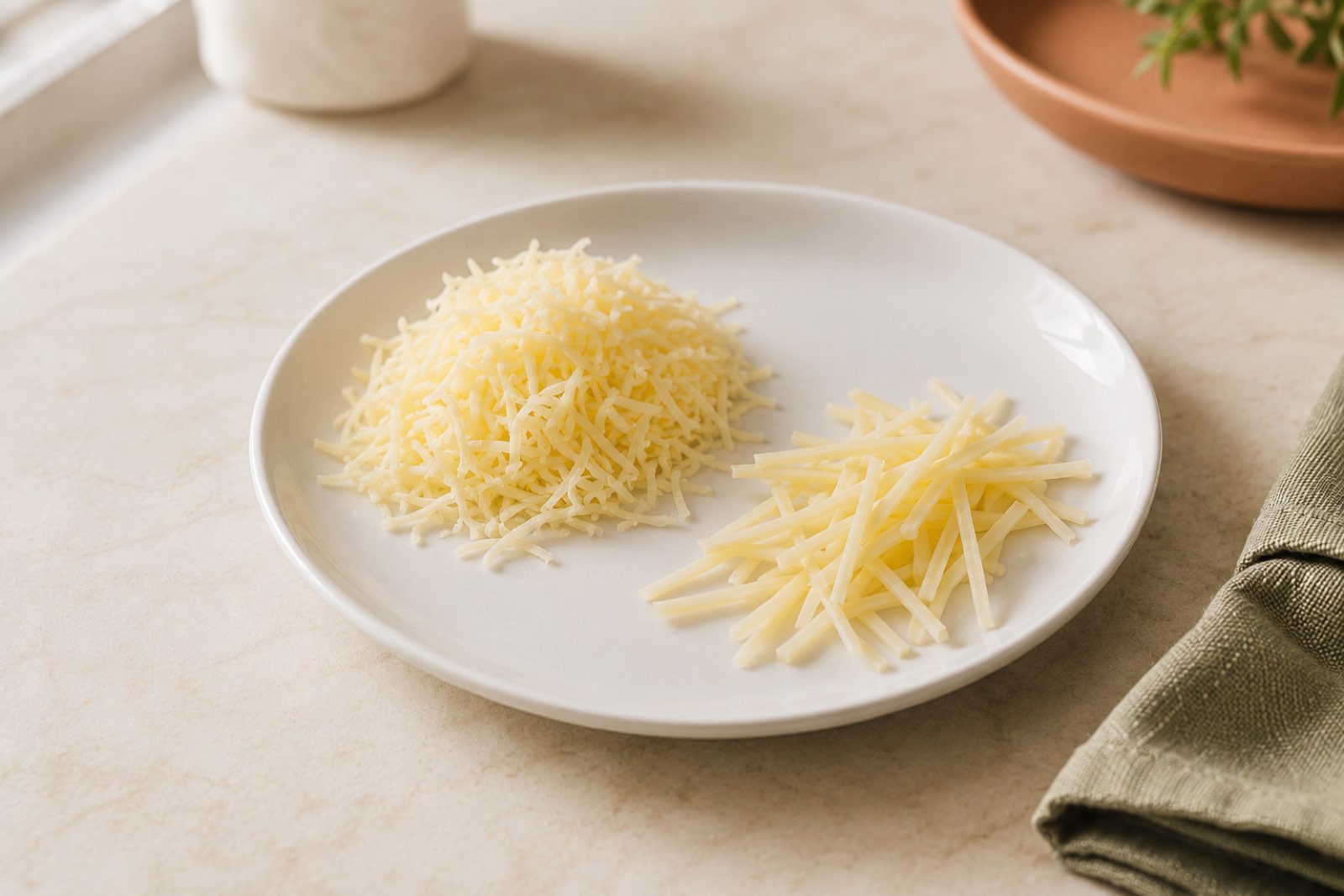 A mound of finely shredded mild cheese beside a few thin matchstick strips of the same cheese on a white plate.