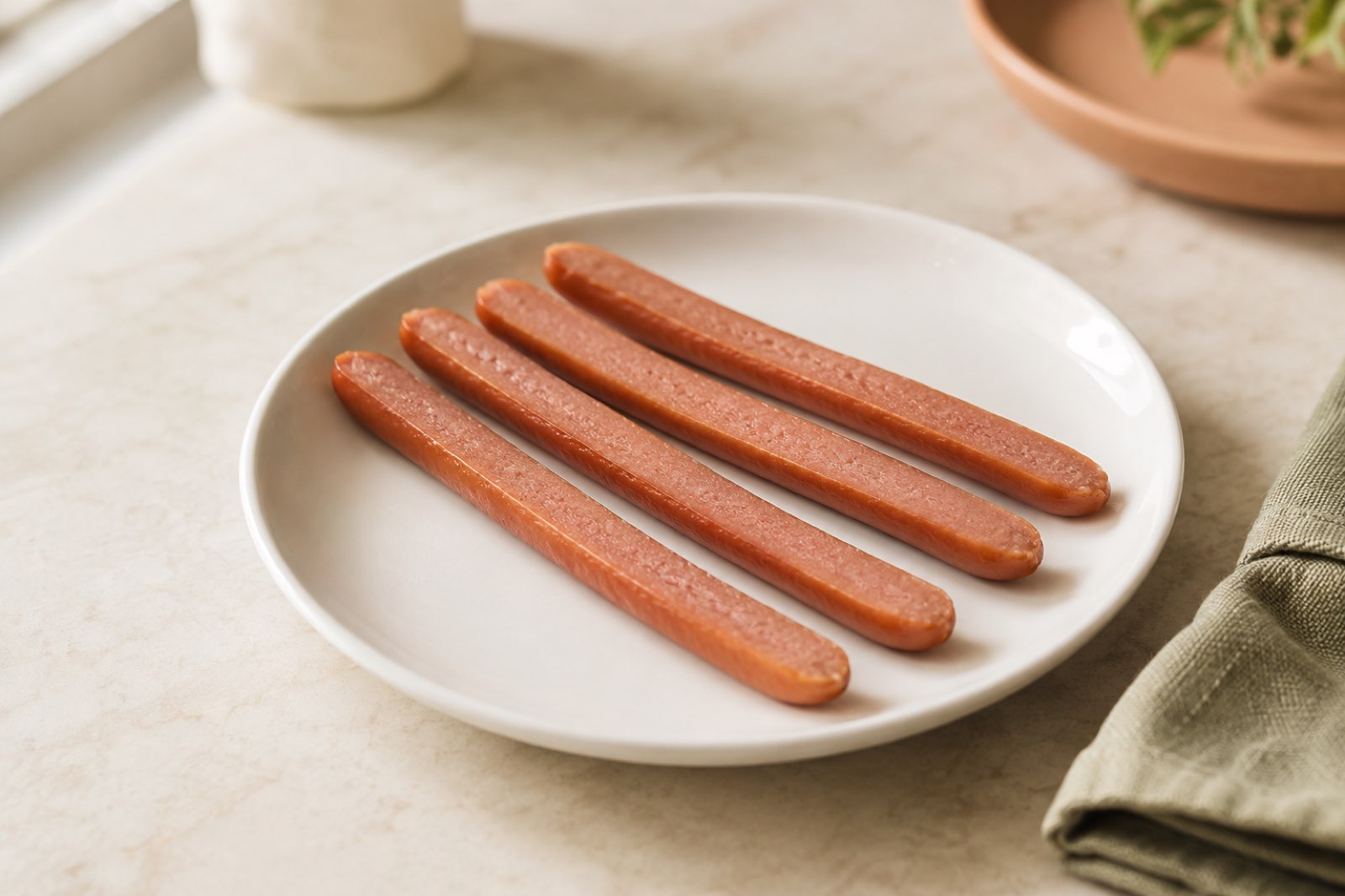 One cooked hot dog cut lengthwise into four long thin strips, arranged side by side on a white ceramic plate.