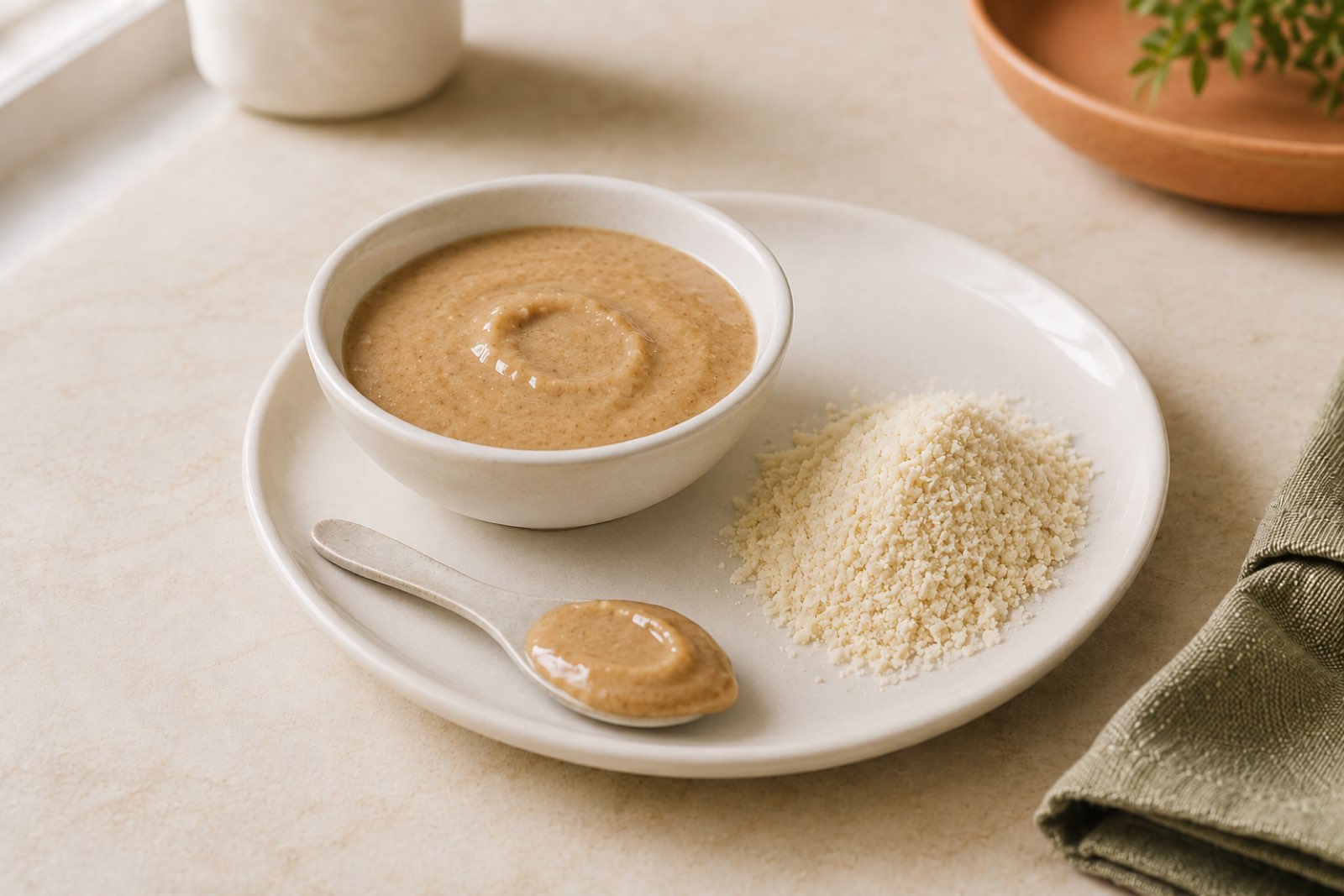 A small bowl of smooth almond butter beside a spoonful and a pile of finely ground almond flour, with no whole nuts in frame.