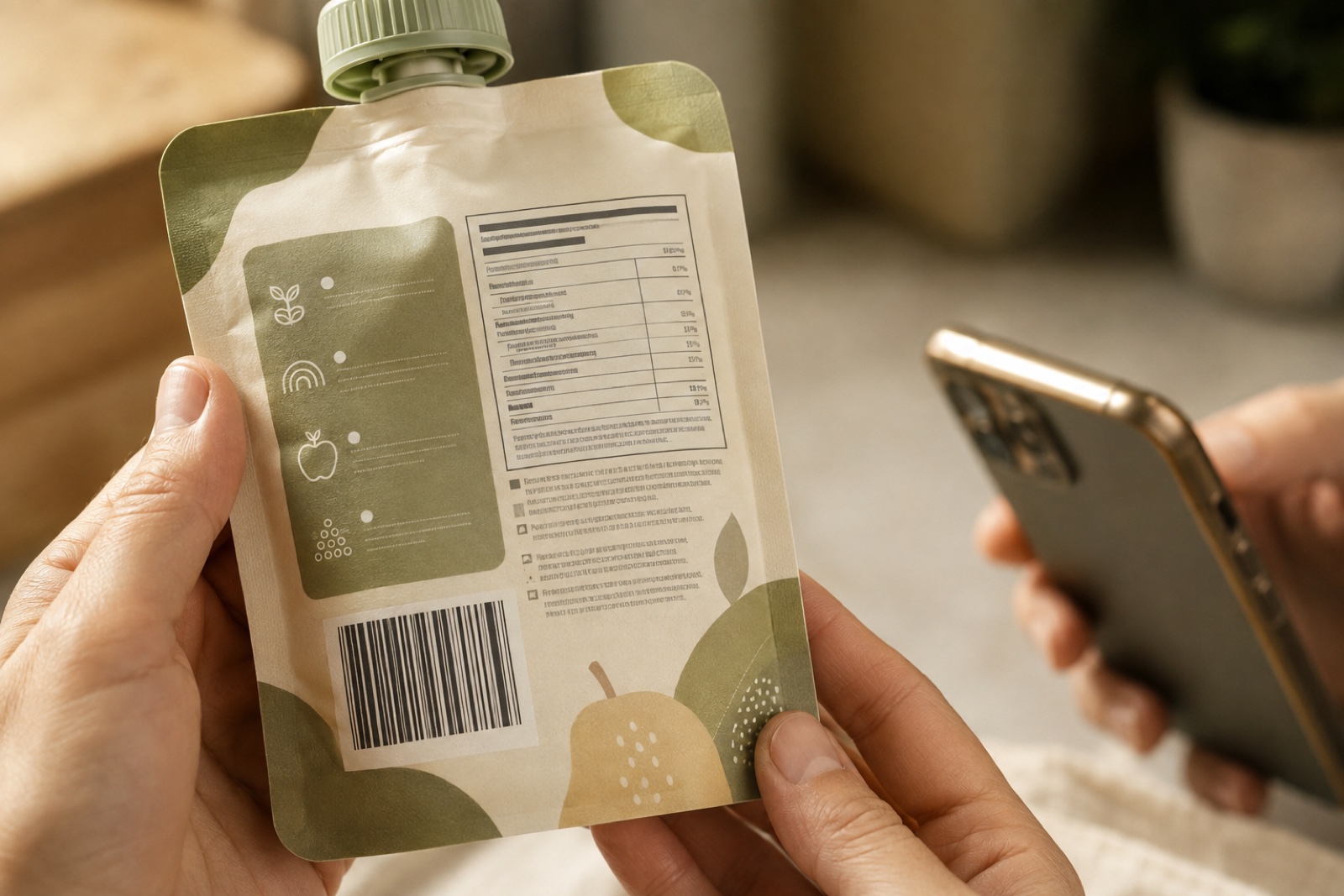 A parent holds a baby food pouch turned to show its back label, with the barcode and nutrition panel in focus and a phone angled toward it in the background.